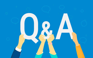 Question and answer concept vector illustration of happy people showing letters Q and A. Flat human hands hold white symbols on blue background