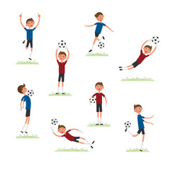 Collection of young boys in football uniform plays soccer on grass in different poses. Vector illustration isolated on white background