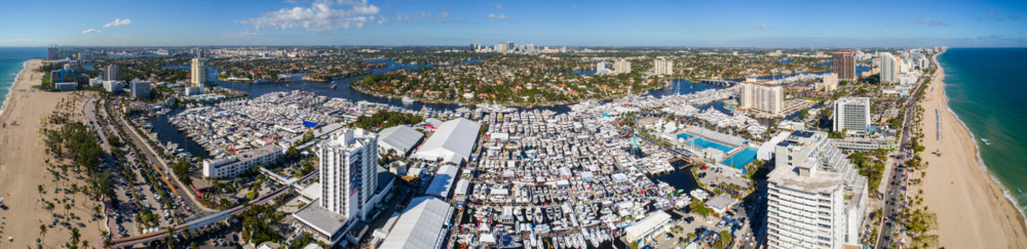 Aerial super panorama Fort Lauderdale Beach Boat Show 2017
