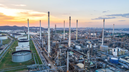 Aerial view Oil refinery.Industrial view at oil refinery plant form industry zone with sunrise and...