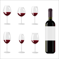 Collection of wine glasses and bottle with red wine cabernet sauvignon, merlot, bordeaux, burgundy, pinot noir, shiraz, zinfandel, malbec. Vector illustration colorful isolated on white background