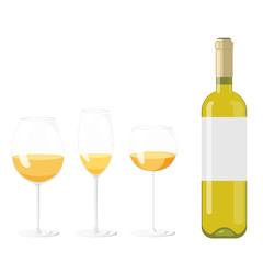 Collection of wine glasses and bottle with white wine chardonnay, sauvignon, riesling. Vector illustration colorful isolated on white background