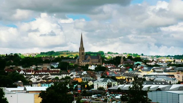 Letterkenny, Ireland. Aerial view of Letterkenny in Donegal, Ireland during the cloudy day. City center with St Eunan Cathedral, car traffic, cloudy sky