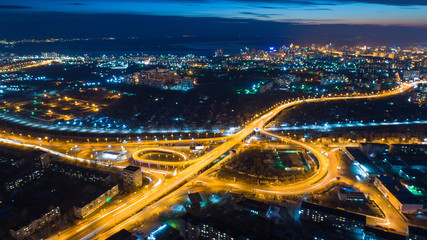 night-Khabarovsk automobile road bridges, filmed from a quadcopter