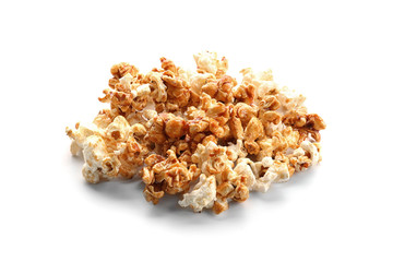 Tasty caramel popcorn on white background