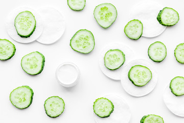 Cucumber cosmetics pattern. White background top view copyspace
