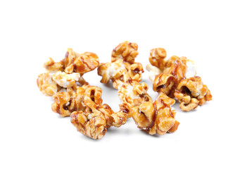 Caramel popcorn on white background
