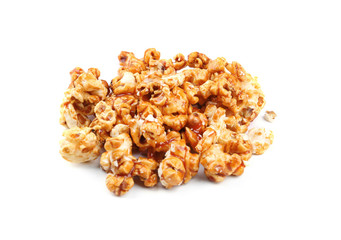 Caramel popcorn on white background