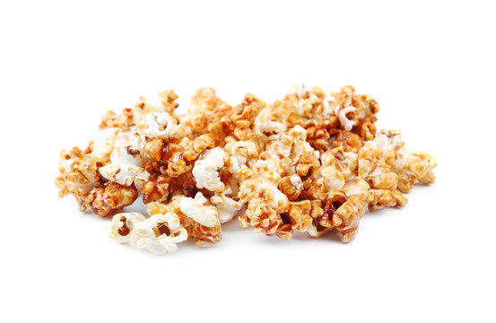 Caramel popcorn on white background