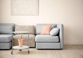 Modern interior with comfortable sofa and table