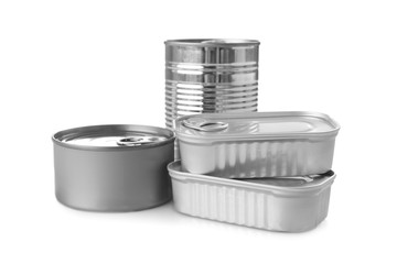 Different tin cans on white background