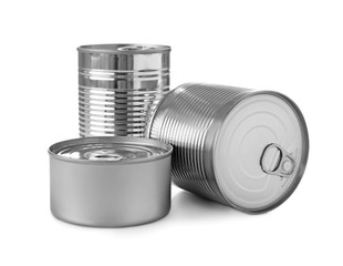 Different tin cans on white background