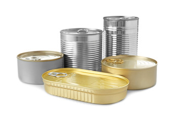 Different tin cans on white background