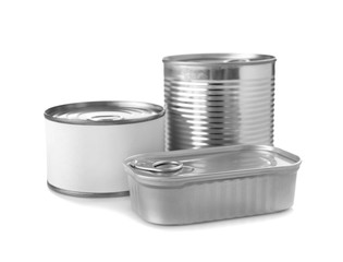 Different tin cans on white background