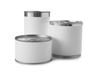 Different tin cans on white background