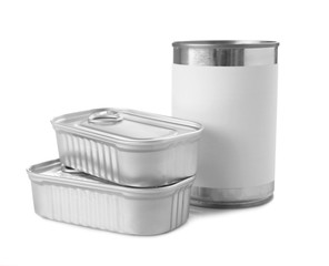 Different tin cans on white background