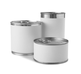 Different tin cans on white background