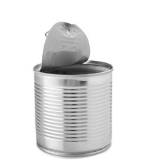 Open tin can on white background