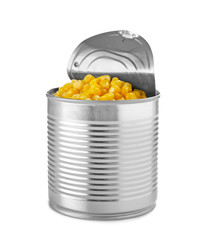 Open tin can with corn kernels on white background
