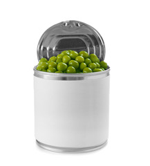 Open tin can with green peas on white background