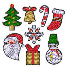 Set of christmases patches with sequins. Snowflake, candy, bell, Santa and other stickers.