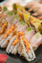  Japanese sushi salmon on a buffet