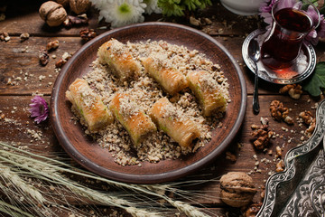 Baklava traditional oriental dessert. Tea and turkish pastry breakfast concept
