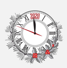 Happy New Year 2020, vector illustration Christmas background with clock showing year. Decoration of pine and mistletoe