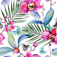 Wildflower orchid flower pattern in a watercolor style. Full name of the plant: orchid. Aquarelle wild flower for background, texture, wrapper pattern, frame or border. - 179568498