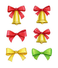 Watercolor christmas bells and gift bows