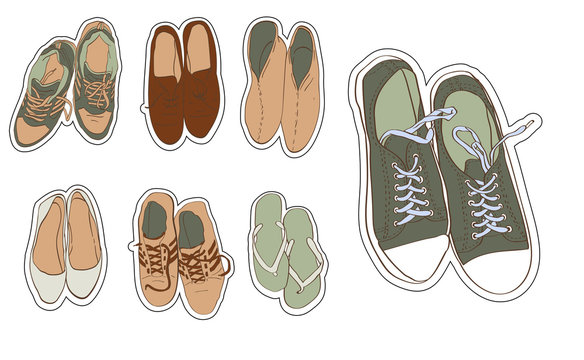 Set hand drawn graphic Men and women Footwear, shoes.