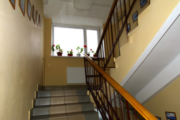 A staircase between the floors in the Zhytomyr higher educational institution in Ukraine. October 2017.