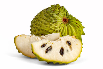 Guanabana useful lies on white background. Annona or milk apple 
