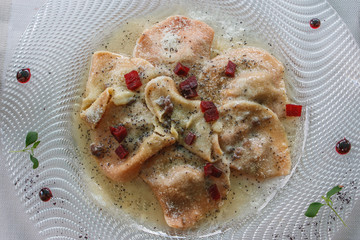 Dish of Casunziei (filled pasta), Cortina D'Ampezzo, Dolomites, Italy.