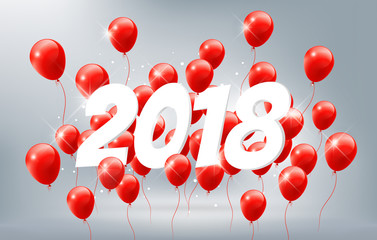 Happy New Year 2018 celebration with red balloons, vector illustration