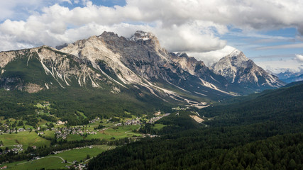 Fototapeta na wymiar Panoramic view of Cortina D'Ampezzo, Dolomites, Italy, from Lake Ajal.