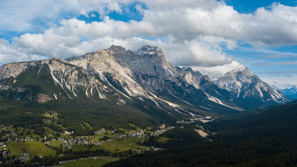 Fototapeta premium Panoramic view of Cortina D'Ampezzo, Dolomites, Italy, from Lake Ajal.