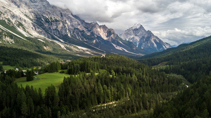 Fototapeta na wymiar Panoramic view of Cortina D'Ampezzo, Dolomites, Italy, from Lake Pianozes.