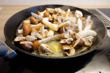 Champignons und Kräuterseitlinge braten in Butter in einer Pfanne