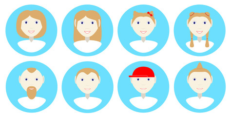 Faces icons of a family. Icon of mother, father, daughter and sun. Vector icons of people, girl, boy, man, woman. Set of people's icons. User round icons. Landing page. Web-site. Mobile application.