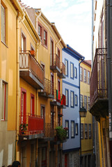 Typical colored house facades in Porto, Portugal.