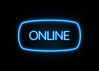 Online  - colorful Neon Sign on brickwall