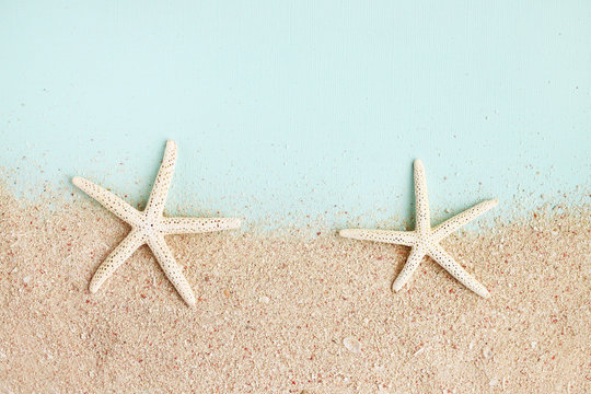 Couple of starfish shells on sea sand and blue paper, top view background, light pastel tones. 
