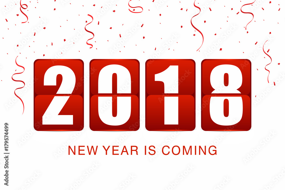 Aufkleber new year 2018 background. new year flip clock counter with confetti and ribbons on white background