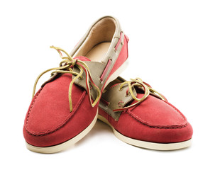Red and yellow suede men's top sider shoes or boat shoes