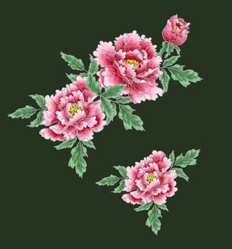 Peony flower of Japanese style. Patches for embroidery or textile print . Vector illustration