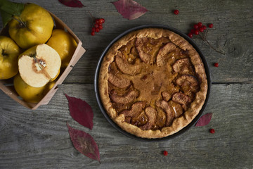 Homemade apple quince pie with fresh fruits on rustic wooden background. Top view