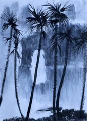 mountains of water and palm trees