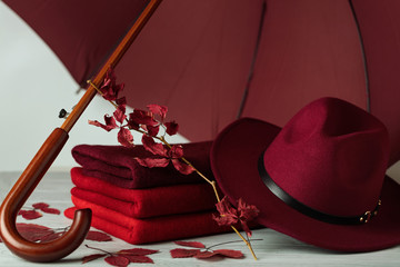 Fashion trend autumn winter. Clothing (sweaters) of different shades of red and crimson.