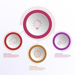 Three steps business infographics with outline icons connected by lines. Colorful timeline circle design.